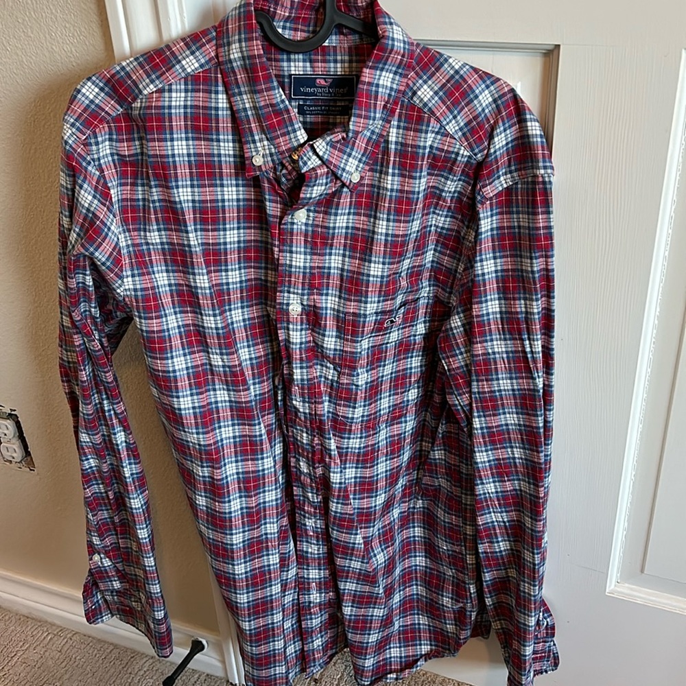 Vineyard Vines, red and blue plaid button down shirt, men’s size medium